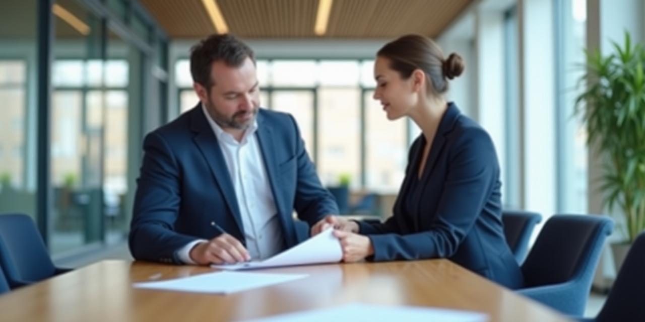 Kaksi asiantuntijaa käymässä läpi juridisia asiakirjoja modernissa toimistossa